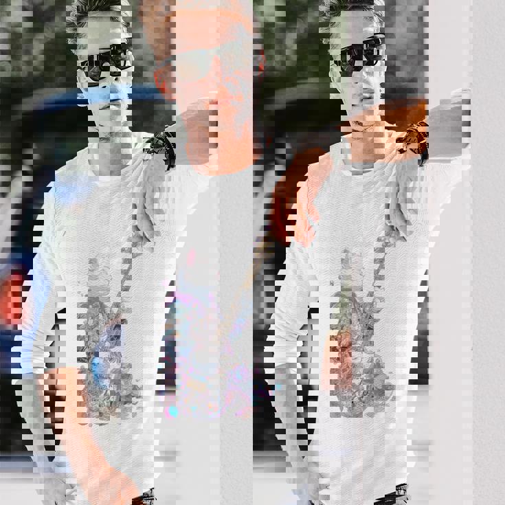 ギターを弾く猫 ネコ おもしろ かわいい ロック おしゃれ 長袖Tシャツ 彼への贈り物