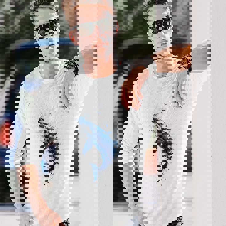 クジラ 水彩 海洋 動物 海の生物 青くじら デザイン 長袖Tシャツ 彼への贈り物