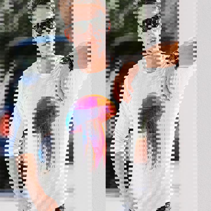 クラゲ 幾何学模様 動物 抽象 カラフル アート クラゲ 長袖Tシャツ 彼への贈り物