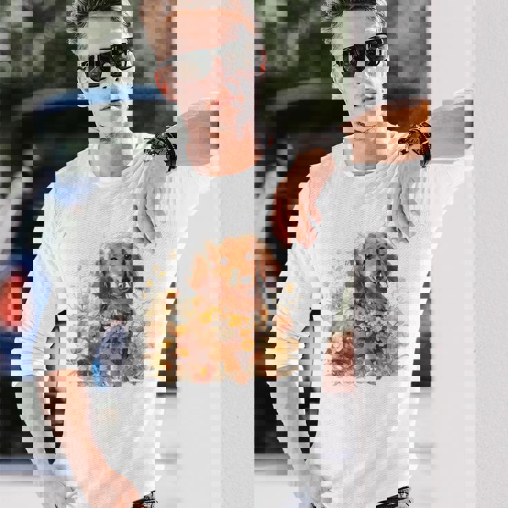 クリーム色の花のダックスフント 愛らしいミニドキシー犬 長袖Tシャツ 彼への贈り物