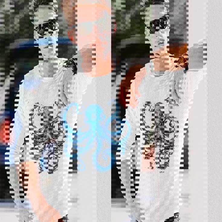 クール ブルー タコ 海 海 好き 触手 タコ好き 長袖Tシャツ 彼への贈り物