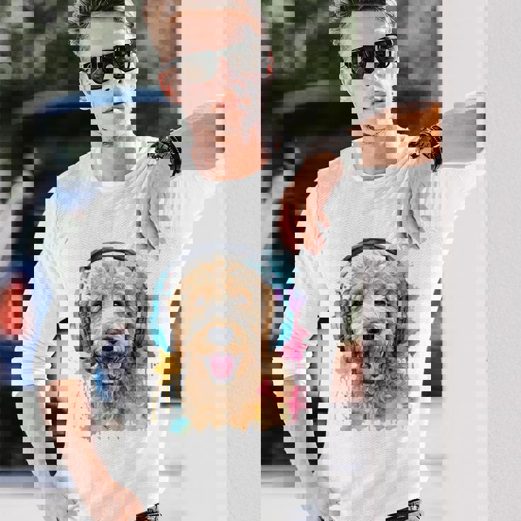 ゴールデンドゥードル、ヘッドフォン、犬、動物プリント 長袖Tシャツ 彼への贈り物