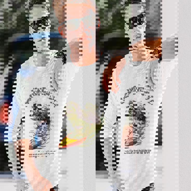 サーフィン 犬 ビアデッドコリー かわいい 面白い 長袖Tシャツ 彼への贈り物