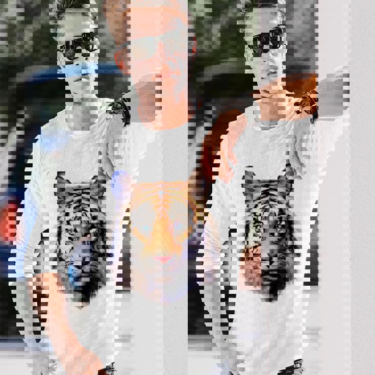 タイガー アニマル プリント グラフィック デッサン アートワーク フェイス トラ 長袖Tシャツ 彼への贈り物