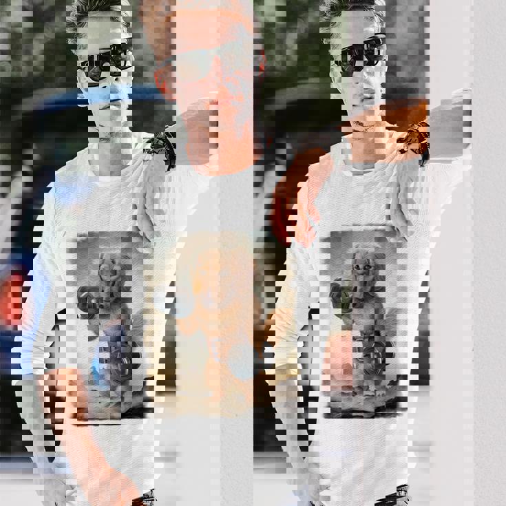 ダックスフンド 犬 筋トレ ウェイトリフティング ダンベル付き 長袖Tシャツ 彼への贈り物