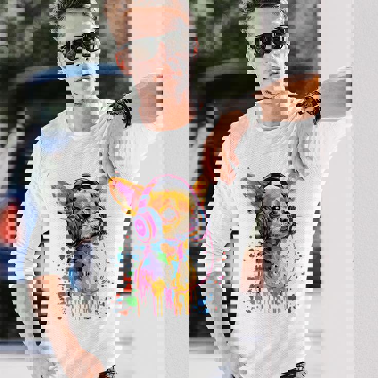 チワワの恋人 ポップアート ヘッドフォンを着て おもしろい チワワ 長袖tシャツ 長袖Tシャツ 彼への贈り物