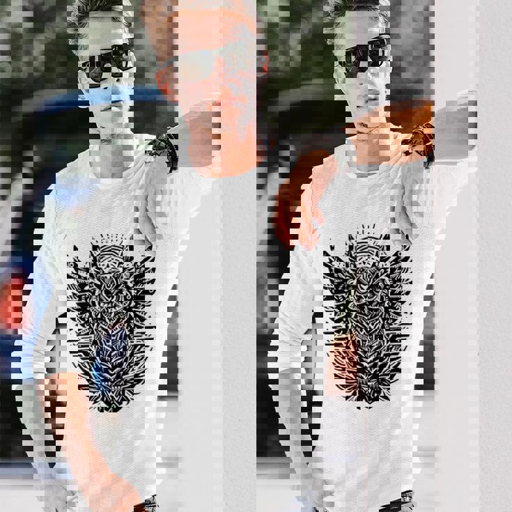 トライバル グレートフクロウ トーテム タトゥー 幾何学模様 長袖Tシャツ 彼への贈り物