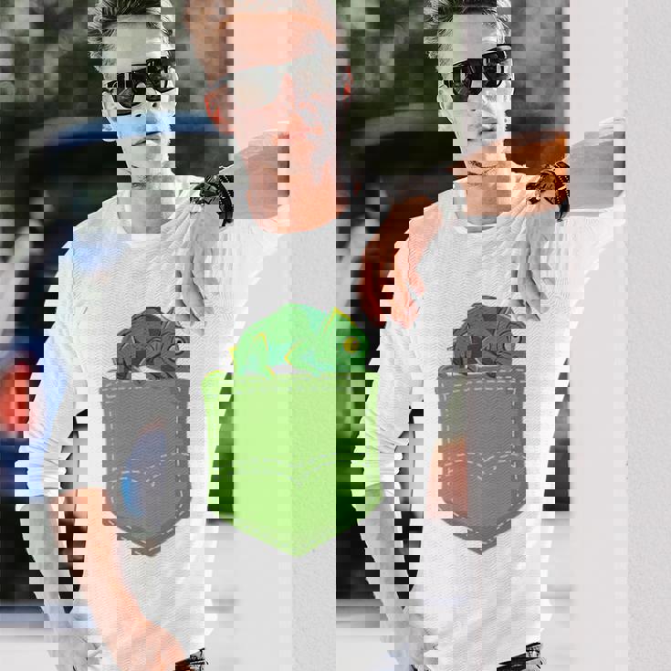 トロピカル アニマル トカゲ 爬虫類ラバー ポケット カメレオン 長袖Tシャツ 彼への贈り物