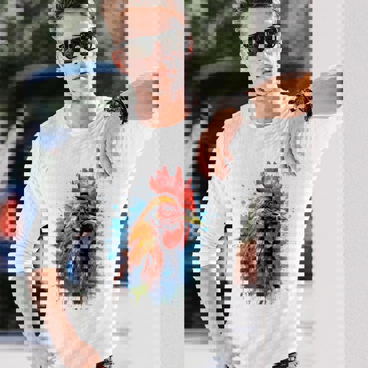 ニワトリ 動物 絵画 グラフィック 抽象 カラフル チキン 長袖Tシャツ 彼への贈り物