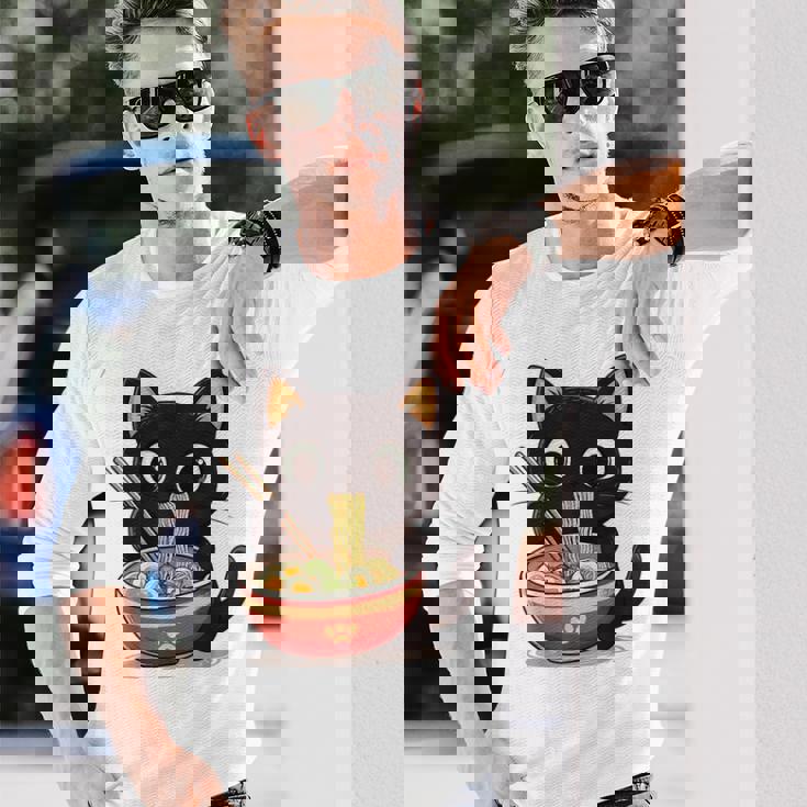 ヌードルキャット黒猫ラーメンデザイン 長袖Tシャツ 彼への贈り物