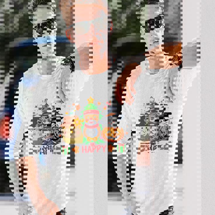 ハッピー、感謝祭、ハロウィン、メリークリスマス。 長袖tシャツ 長袖Tシャツ 彼への贈り物