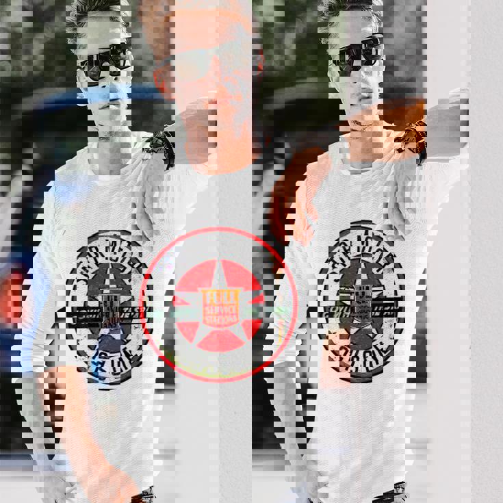 バックプリントのみ レトロ ビンテージ ガソリンスタンド スター モーター オイルカー 長袖Tシャツ 彼への贈り物