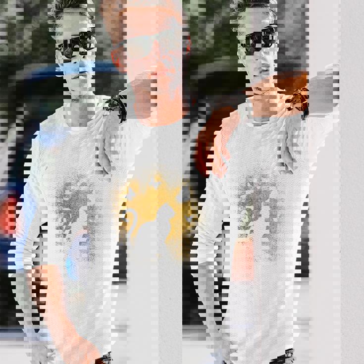 バックプリントの猫のシルエット 長袖Tシャツ 彼への贈り物