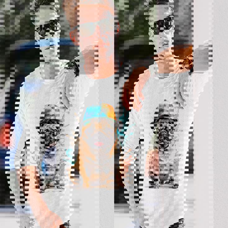 パグ、スナップバック キャップ、犬、カラフル、面白い、動物プリント 長袖Tシャツ 彼への贈り物