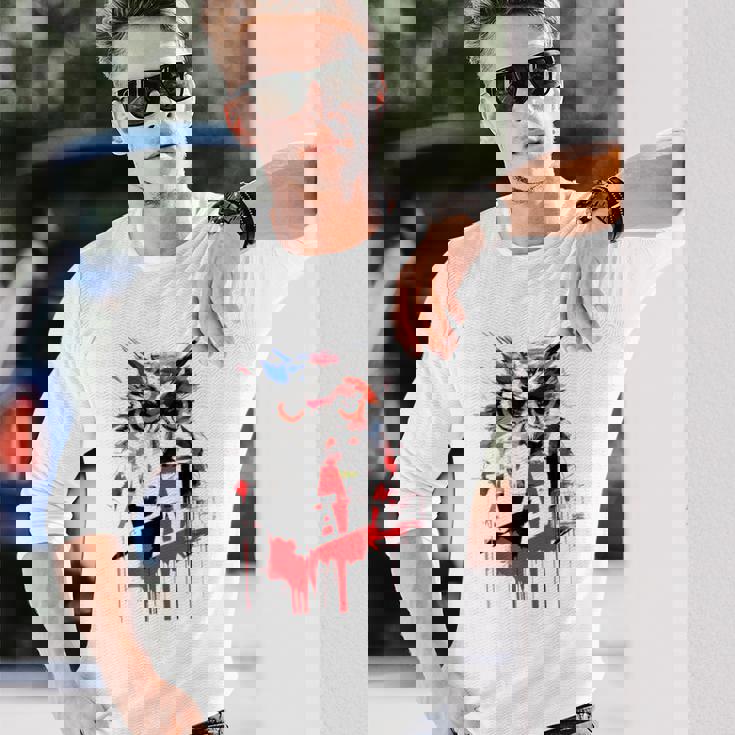 フクロウ アート 絵画 抽象 動物 描画 グラフィック フクロウ 長袖Tシャツ 彼への贈り物