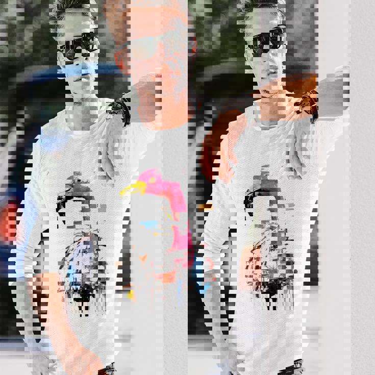 フラミンゴ 鮮やかな色 芸術的な野生動物の表現 長袖Tシャツ 彼への贈り物