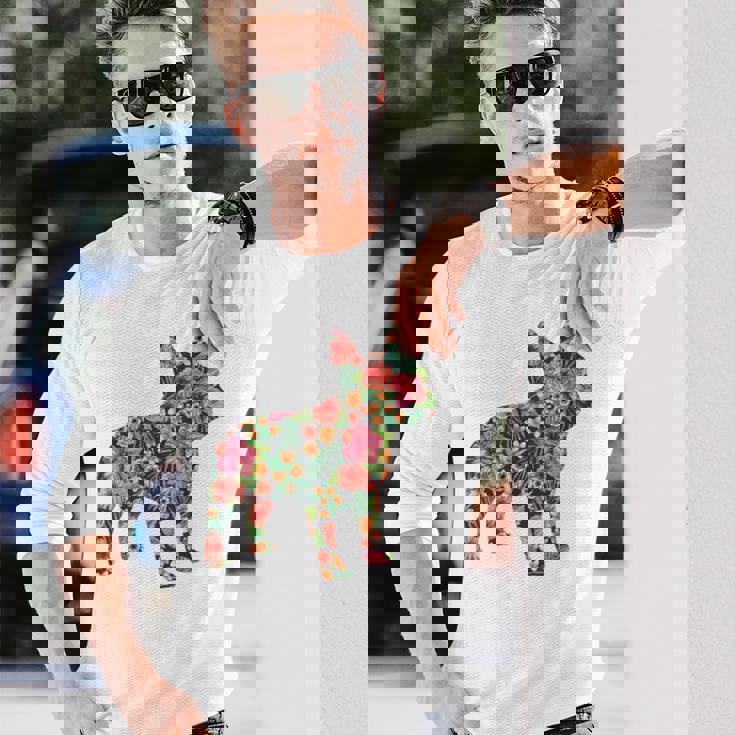 フレンチ ブルドッグ フラワー フローラル フレンチ ドッグ シルエット 犬 ペット 長袖Tシャツ 彼への贈り物