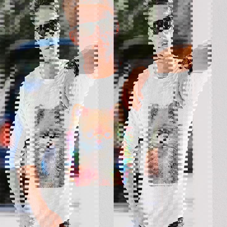 ポメラニアン 抽象画 グラフィック 絵画 動物 ポメラニアン 長袖Tシャツ 彼への贈り物