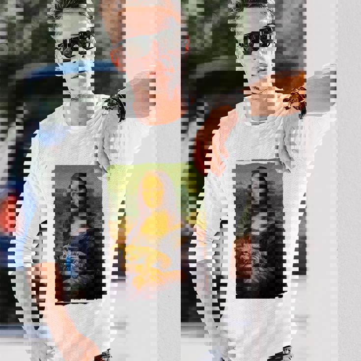 モナ・リザとオレンジ色の猫 面白いアートの絵 長袖Tシャツ 彼への贈り物