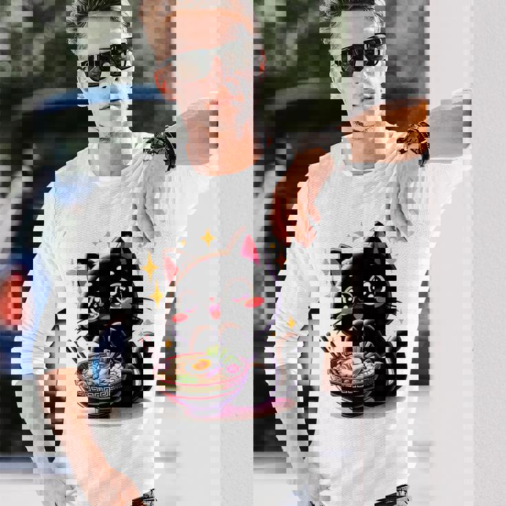 ラーメン猫かわいいアニメ猫ラーメン愛好家甘い 長袖Tシャツ 彼への贈り物