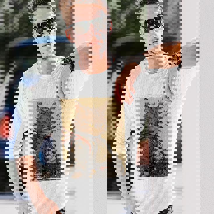 ヴィンテージ 日本の風景 侍 猫 漢字 Art Back 長袖Tシャツ 彼への贈り物