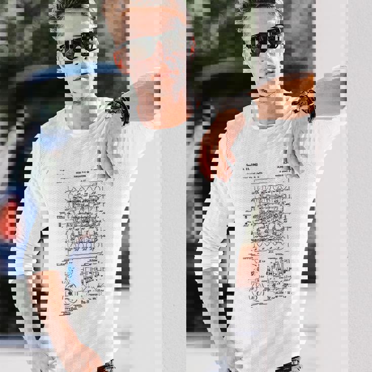 ヴィンテージエンジンブロックの青写真図–メンズカーグラフィック 長袖Tシャツ 彼への贈り物
