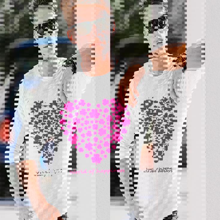 世界中の幸せを願う 可愛い ハート ピンク クローバー 反戦 平和 バックプリント 長袖Tシャツ 彼への贈り物