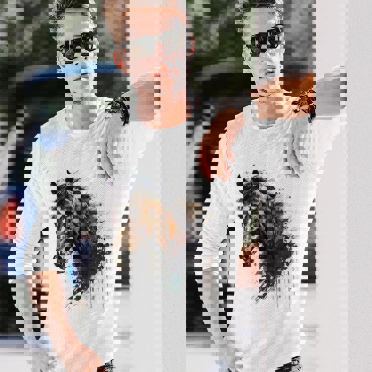 乗馬アート アニマルプリント 馬モチーフ 馬 長袖Tシャツ 彼への贈り物