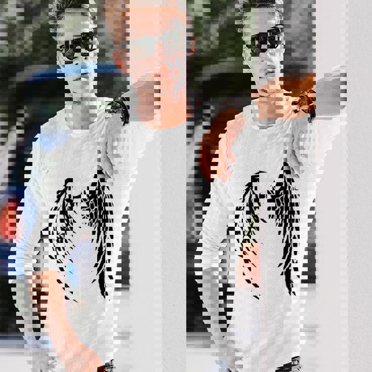 天使 悪魔 翼 神話 信仰 長袖Tシャツ 彼への贈り物