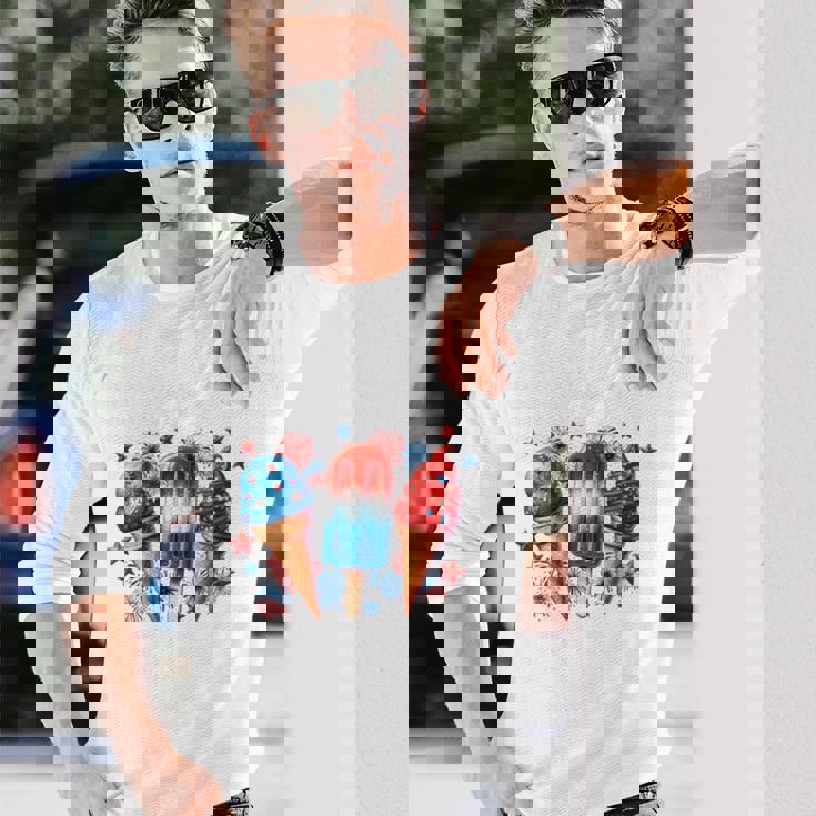 少年 赤 白 青 アメリカ国旗 7月4日 アイスキャンディー 愛国的 長袖tシャツ 長袖Tシャツ 彼への贈り物