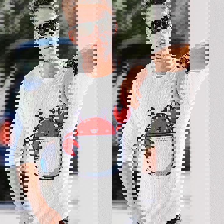 愛らしい かわいい ちび 和 ポケット カワイイ カニ 長袖Tシャツ 彼への贈り物