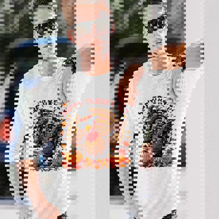 感謝祭 おもしろい 七面鳥巡礼者 軽くたたく 幸せな七面鳥の日 長袖Tシャツ 彼への贈り物