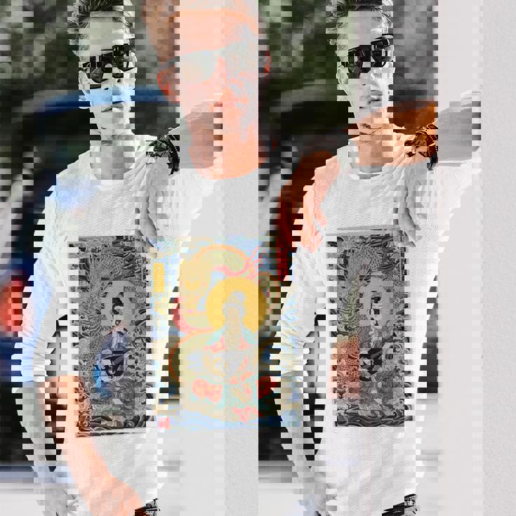 日本 浮世絵 滋賀 琵琶湖 竹生島 弁財天 竜 龍神 バックプリント 長袖Tシャツ 彼への贈り物