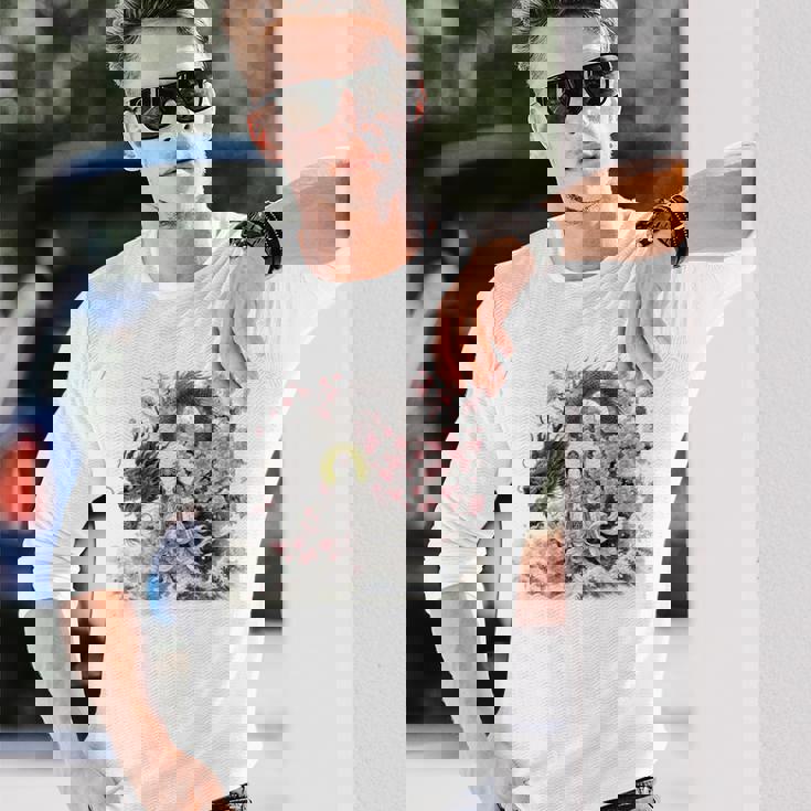 日本 浮世絵 観音菩薩 竜 桜 波 バックプリント 長袖Tシャツ 彼への贈り物