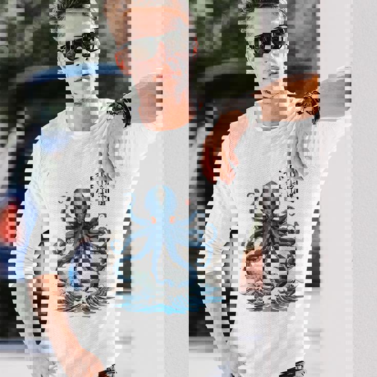 日本のタコ浮世絵 海の美 木版画 長袖Tシャツ 彼への贈り物