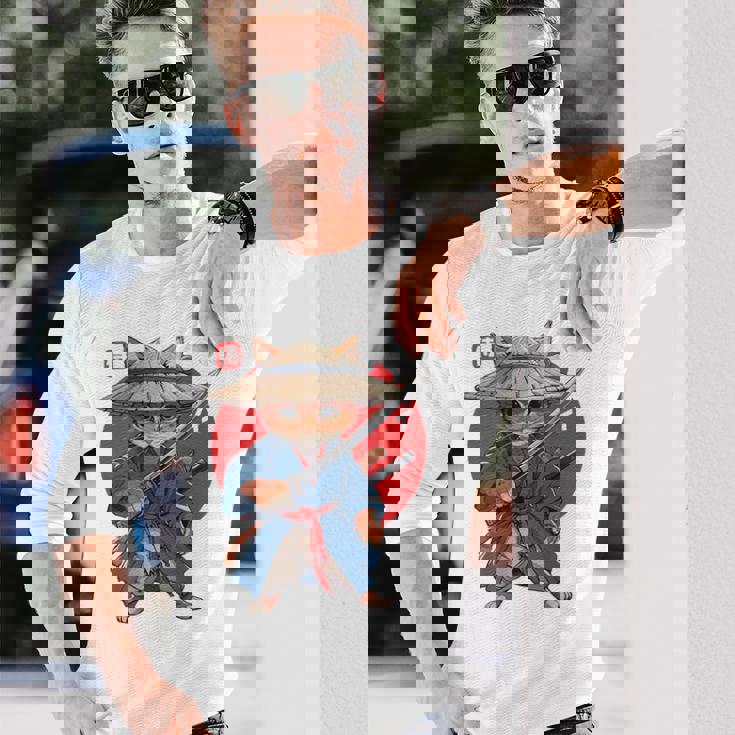 日本の侍 猫戦士 浮世侍 バックプリント 長袖Tシャツ 彼への贈り物