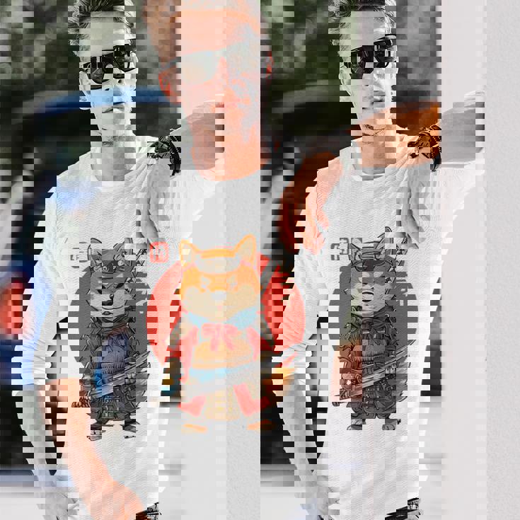 日本の侍犬 柴戦士 浮世サムライ バックプリント 長袖Tシャツ 彼への贈り物