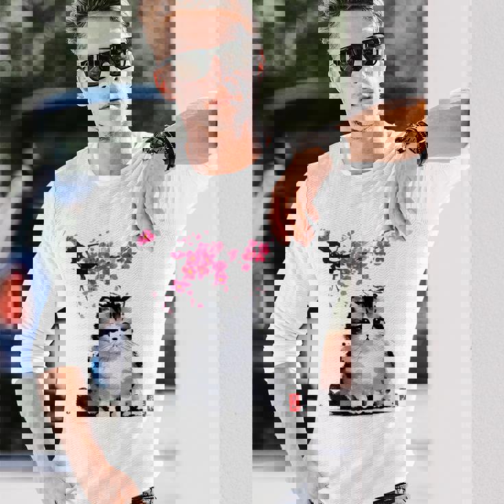 日本の墨絵マンチキン猫 桜 桜アート 長袖Tシャツ 彼への贈り物