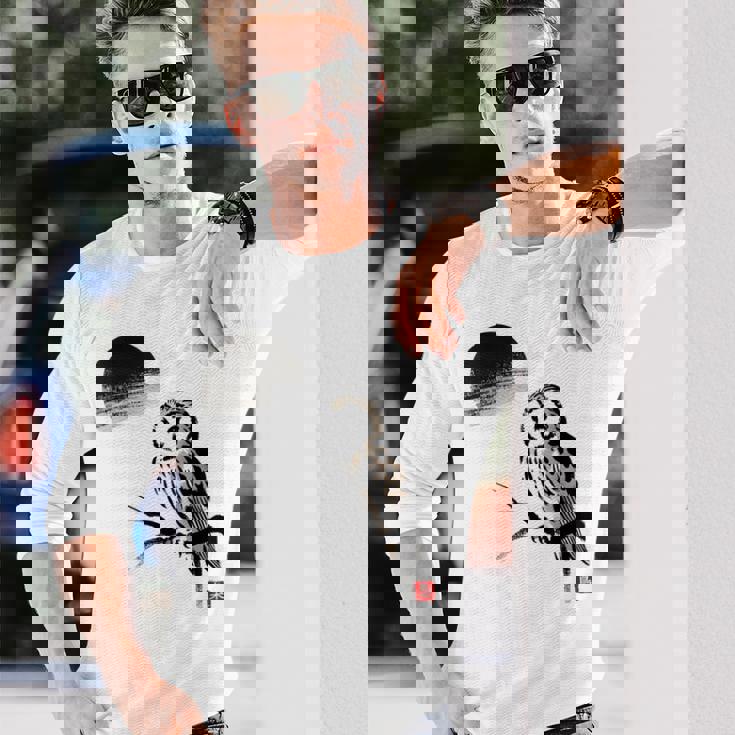 日本製 墨絵 ふくろう アート 墨筆 絵 漢字 知恵 – 日本文化デザイン 長袖Tシャツ 彼への贈り物