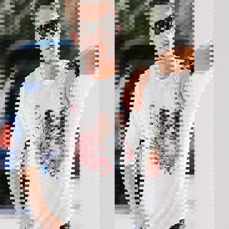 桜 水彩パピヨン 長袖Tシャツ 彼への贈り物