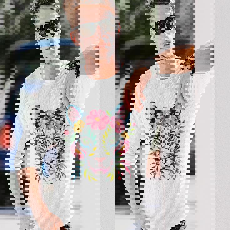 水彩ファンタジー風プーマの花 長袖Tシャツ 彼への贈り物