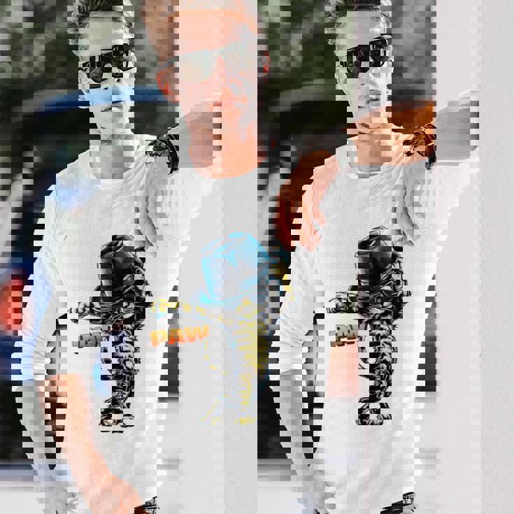 決めポーズの猫イラスト Pawの文字が光るダンス風デザイン 長袖Tシャツ 彼への贈り物