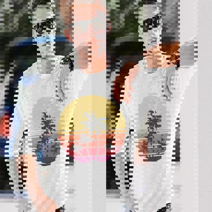 涼しい 夏休み メンズ レディース サンセット ビーチ ヤシの木 長袖Tシャツ 彼への贈り物