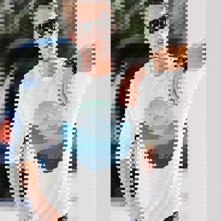 湖 森 風景 山 シルエット 長袖tシャツ 長袖Tシャツ 彼への贈り物