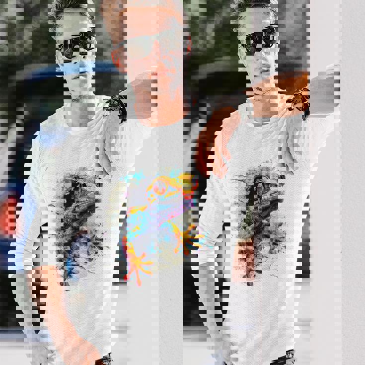 爬虫類とカラフルなヤモリ 長袖Tシャツ 彼への贈り物