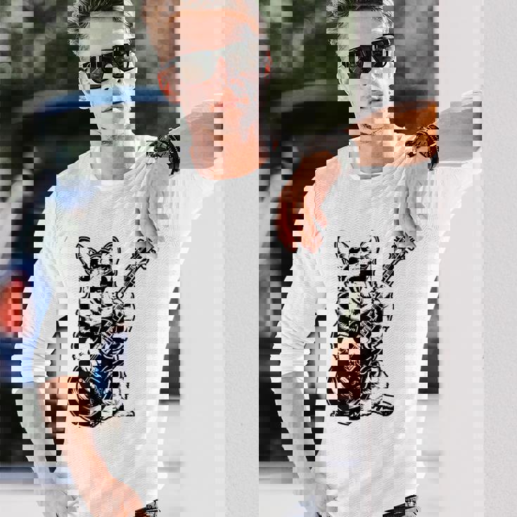 犬 ギタリスト ギター ペンブローク ウェールズ コーギー パパ ママ 長袖Tシャツ 彼への贈り物