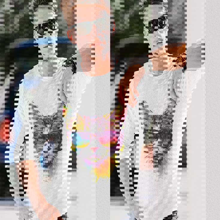 猫 動物 抽象 モチーフ サングラス イラスト アート ネコ 長袖Tシャツ 彼への贈り物