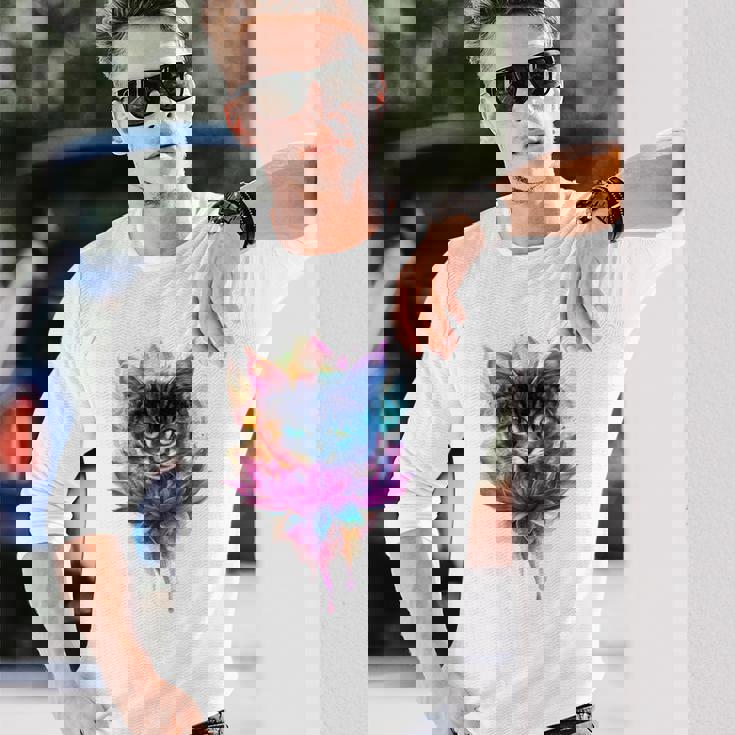 猫 花 カラフル かわいい アート 動物好き グラフィック 猫 長袖Tシャツ 彼への贈り物