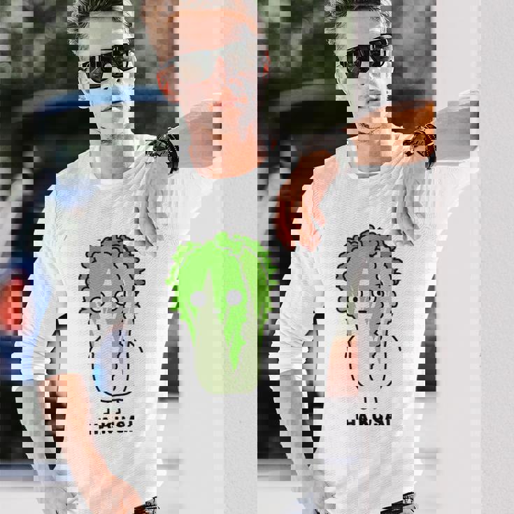 白菜 ハクサイ 顔 イラスト かわいい おもしろ 面白い 簡単 シンプル ゆるい 野菜 長袖Tシャツ 彼への贈り物