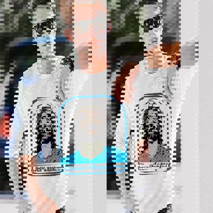 笑うイエス キリスト 喜び 幸せな笑顔 自信 いばらの冠 満足感 クリスマスプレゼント 贈り物 お土産 ポジティブ 長袖Tシャツ 彼への贈り物